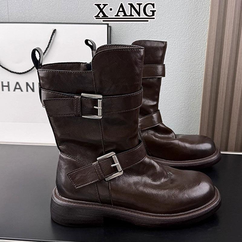 Sheepskin version retro belt buckle Martin boots women's medium boots thick heel locomotive thin boots stack boots knight boots