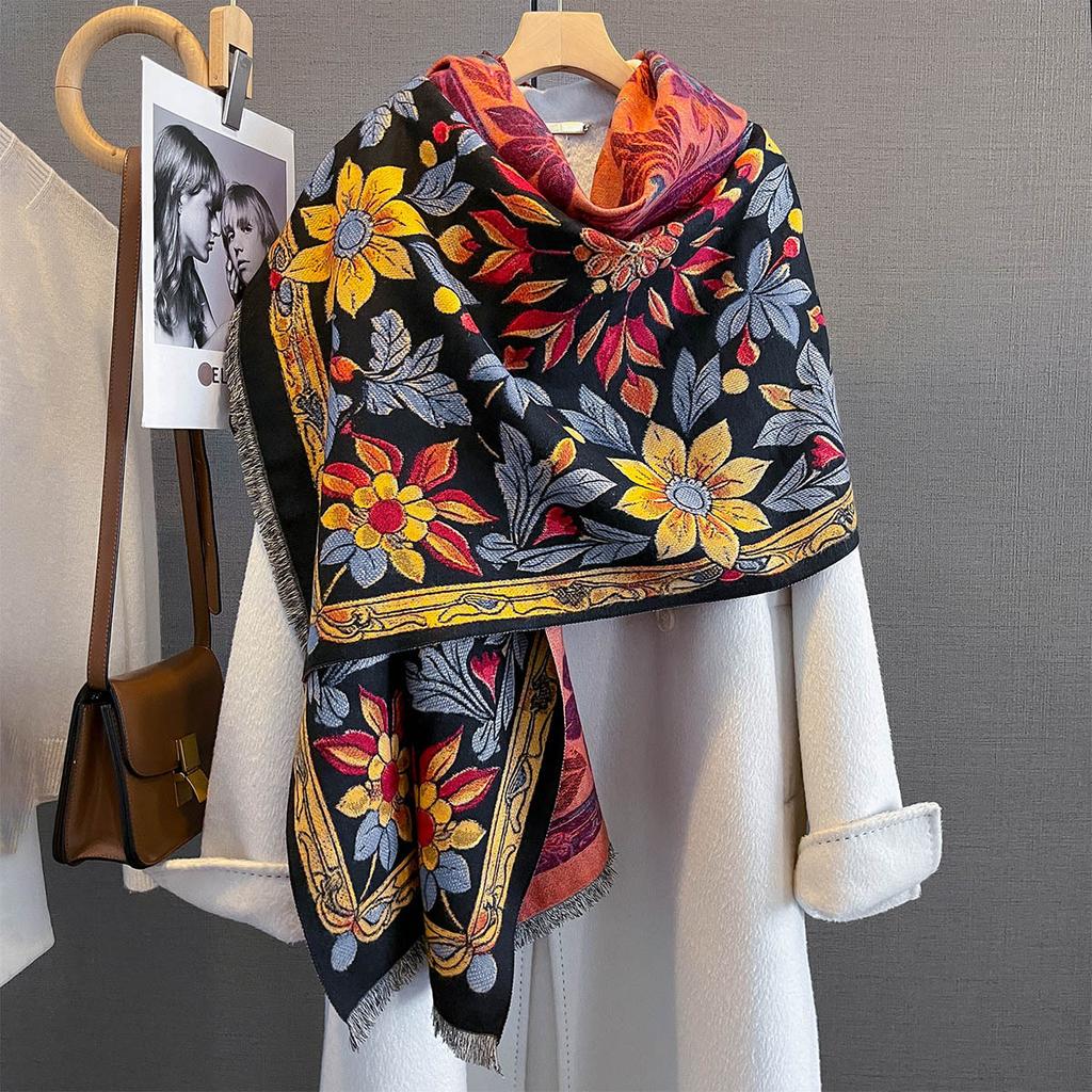 Thickened Warm Scarf For Women Retro Long Tassel Pashmina Shawl Faux Cashmere Warps Autumn Winter Floral High Quality Blanket