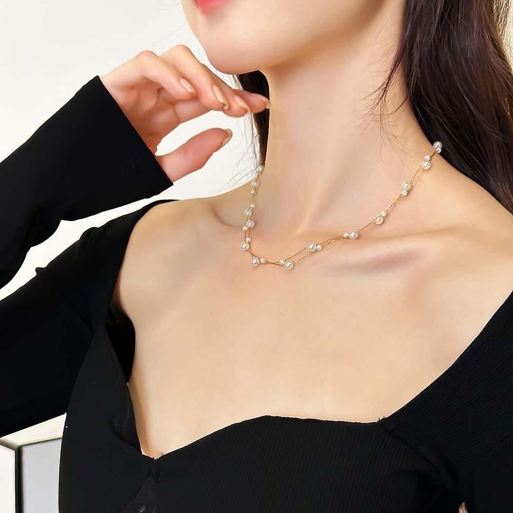 Titanium Steel Beaded Choker Necklace Exquisite Collarbone Chain Elegant Neck Pendant  Girls