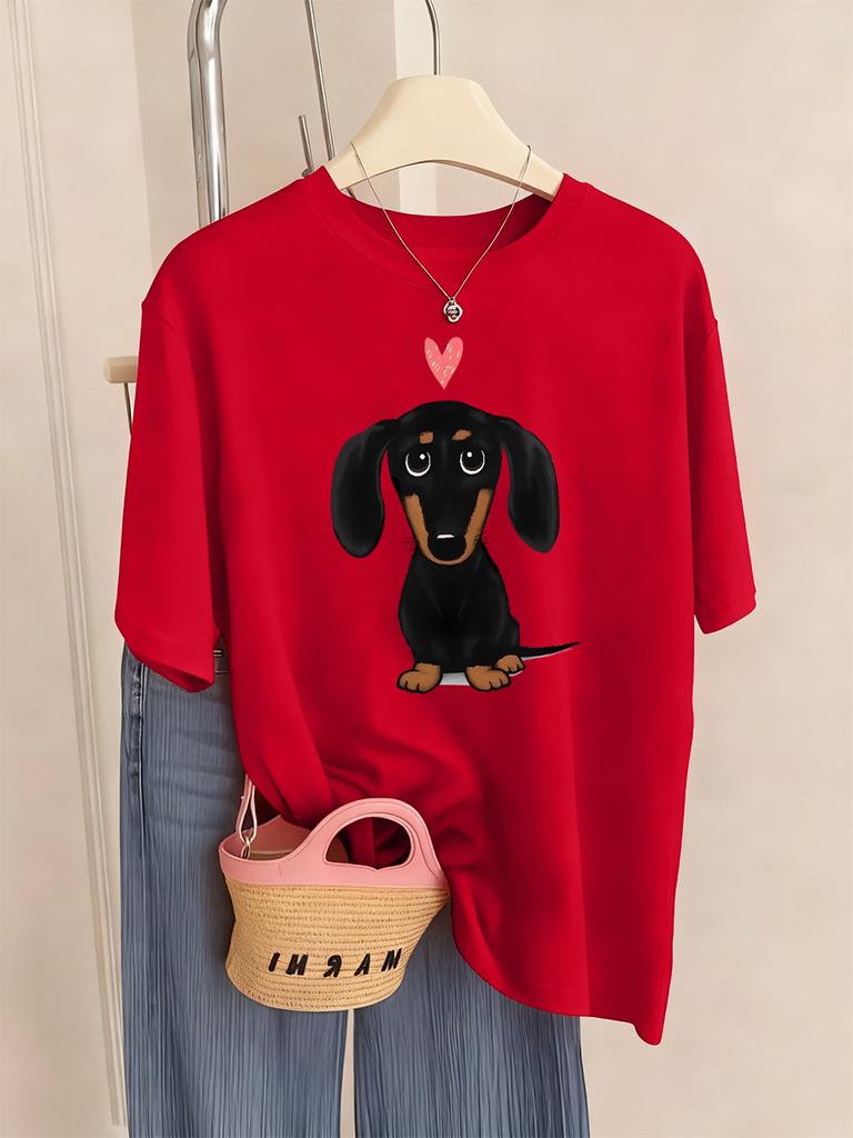 Dachshund With Heart Prints TShirt Womens Summer ONeck T Shirts Comfortable Loose Short Sleeve Tops Casual Soft Woman Clothes