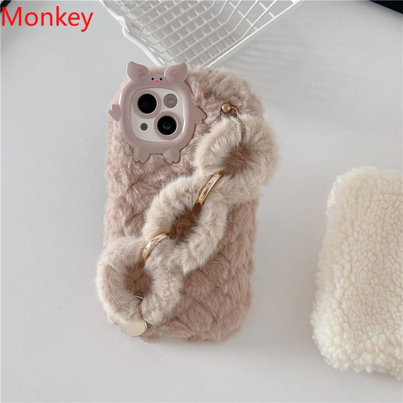 Cute Korean Fur Wrist Chain Silicone Case For iPhone 17 16 Pro Max 15Plus 14 13 12 11 Winter Furry Fluffy Plush Wrist Band Cover