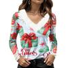 Women's Long Sleeve Christmas Print V-Neck Top with Plush Furry Collar Snowflake and Christmas Tree Design