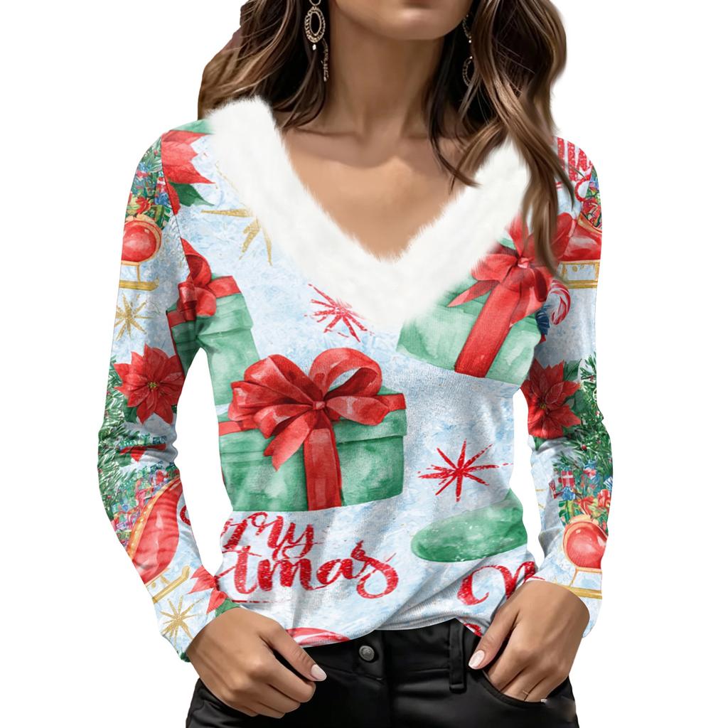 Women's Long Sleeve Christmas Print V-Neck Top with Plush Furry Collar Snowflake and Christmas Tree Design