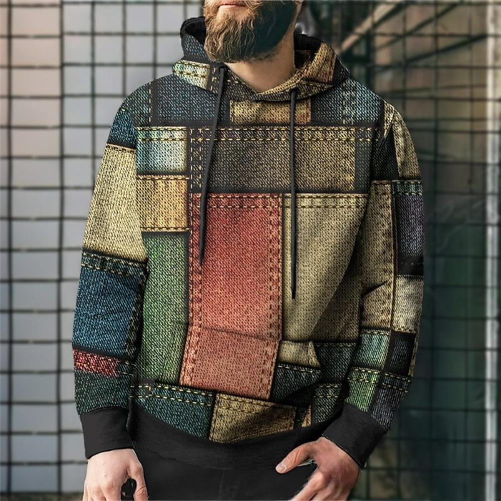 Retro Geometric Grid 3D Digital Printed Men's Personalized Trendy Hoodie Sweatshirt