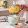 Rustikale handbemalte florale Keramik-Frühstückstasse, 500 ml Fassungsvermögen, Kaffeetasse mit buntem floralem Muster, Haushaltsmilchtasse