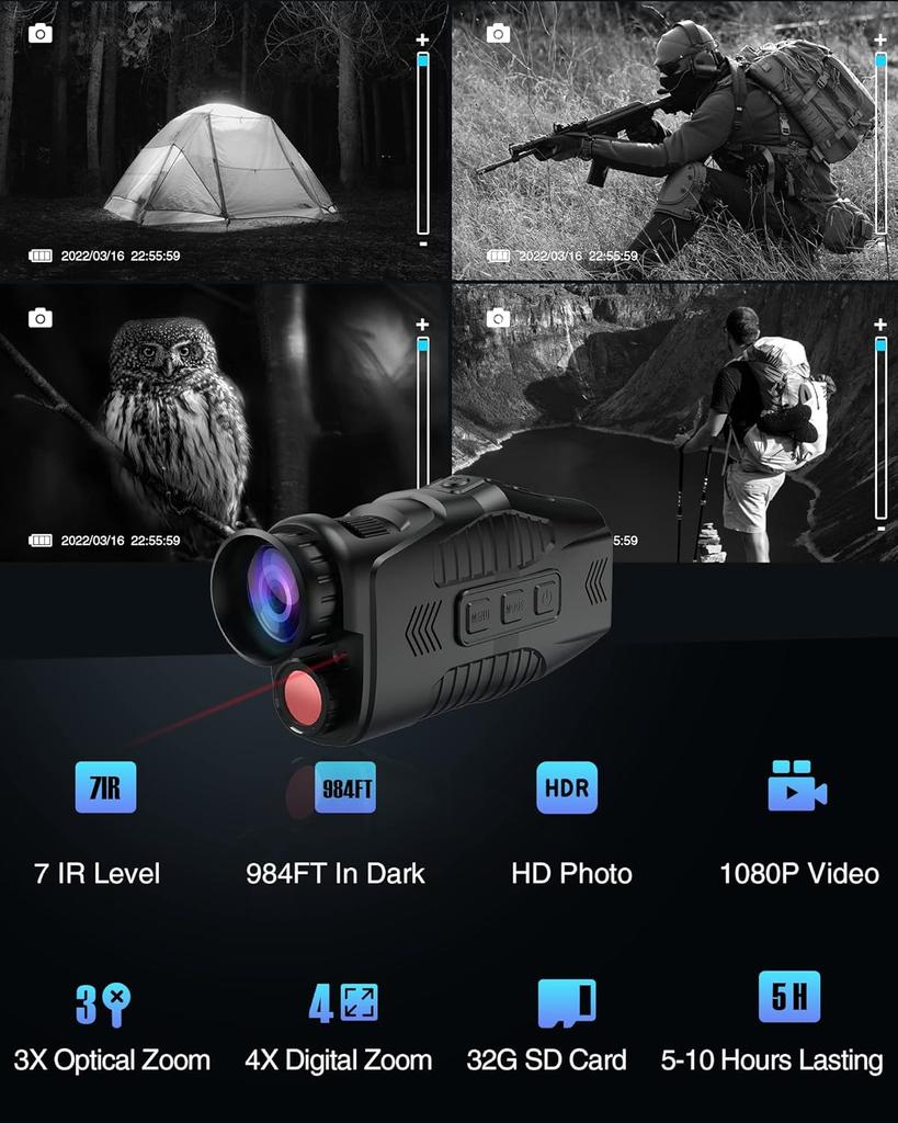 Monocular Night Vision Device 1080P HD Infrared Zoom Hunting Telescope Outdoor Day Night Dual Use 100% Darknessfor Camping Hunti