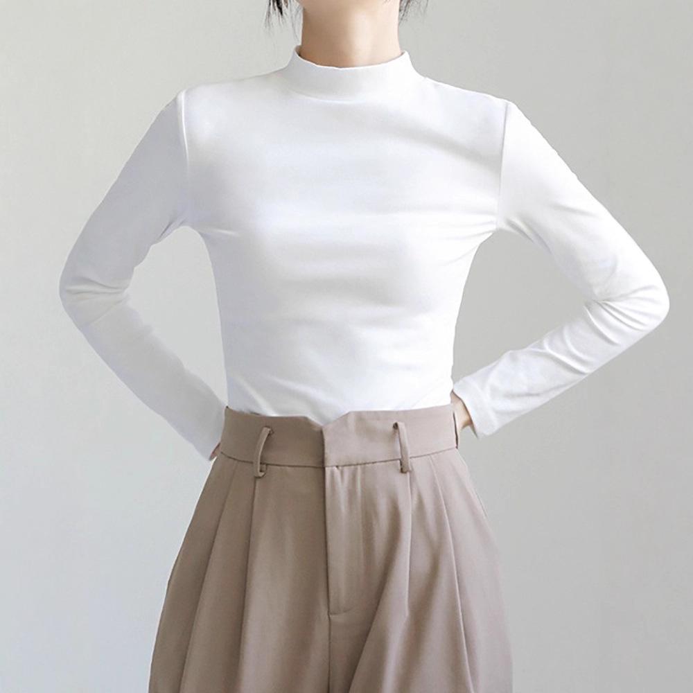 Women's Slim-Fit Stand Collar Long-Sleeve Fleece Base Layer Top - White, Ideal for Autumn and Winter Layering.
