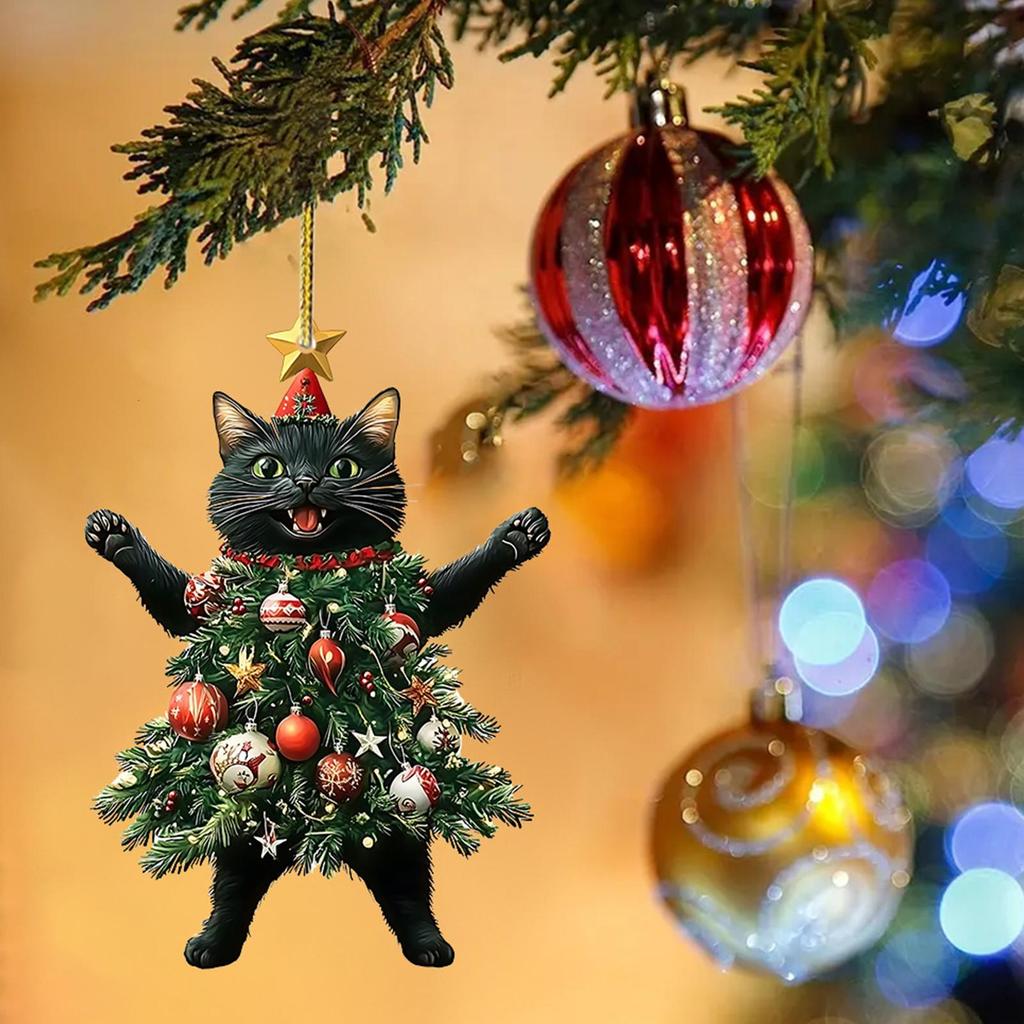 2025 Christmas Tree Cat Decoration Flat 2D Acrylic Festival Tree Kitten Pendant Christmas Cat Bag Ornament Pendant Auto Rearview