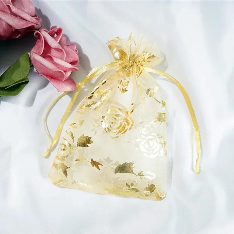 50piece Gold Stamp Rose Pattern Gauze Bag Colorful Pull Rope Self Sealing Storage Bags Candy Gift Accessory Package Jewelry Pouc