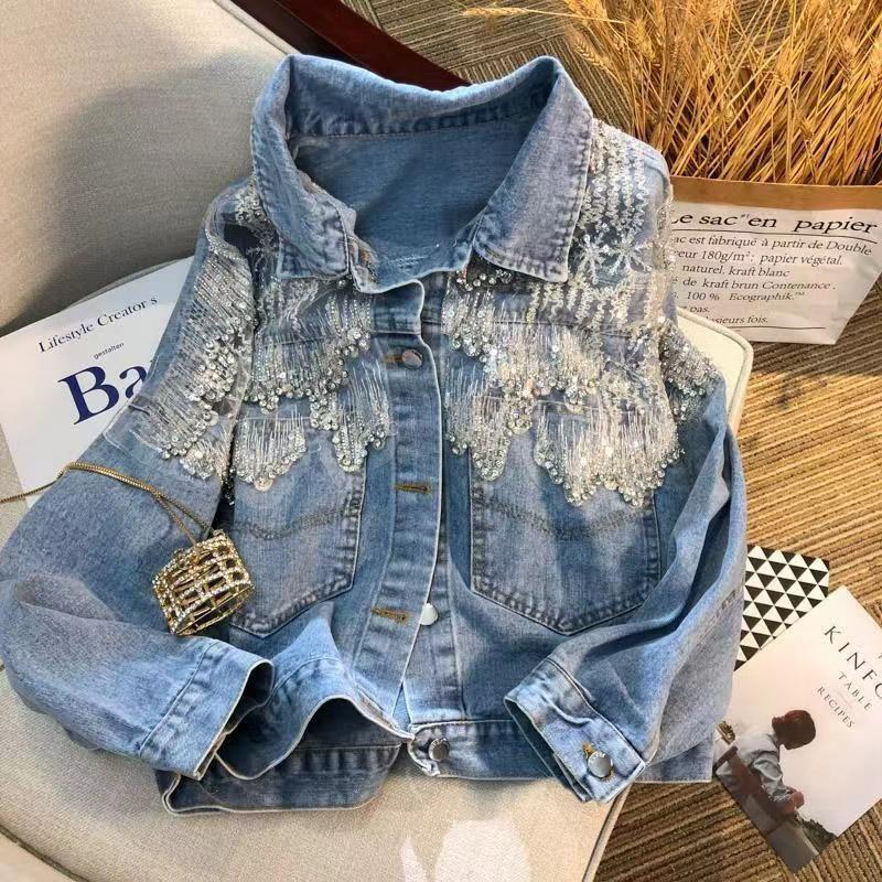 Internet Celebrity Beads Rhinestones Denim Outwear Female Spring & Fall 2024 Loose Slim Looking Fashion Wind Mesh Jacket Tops Tide