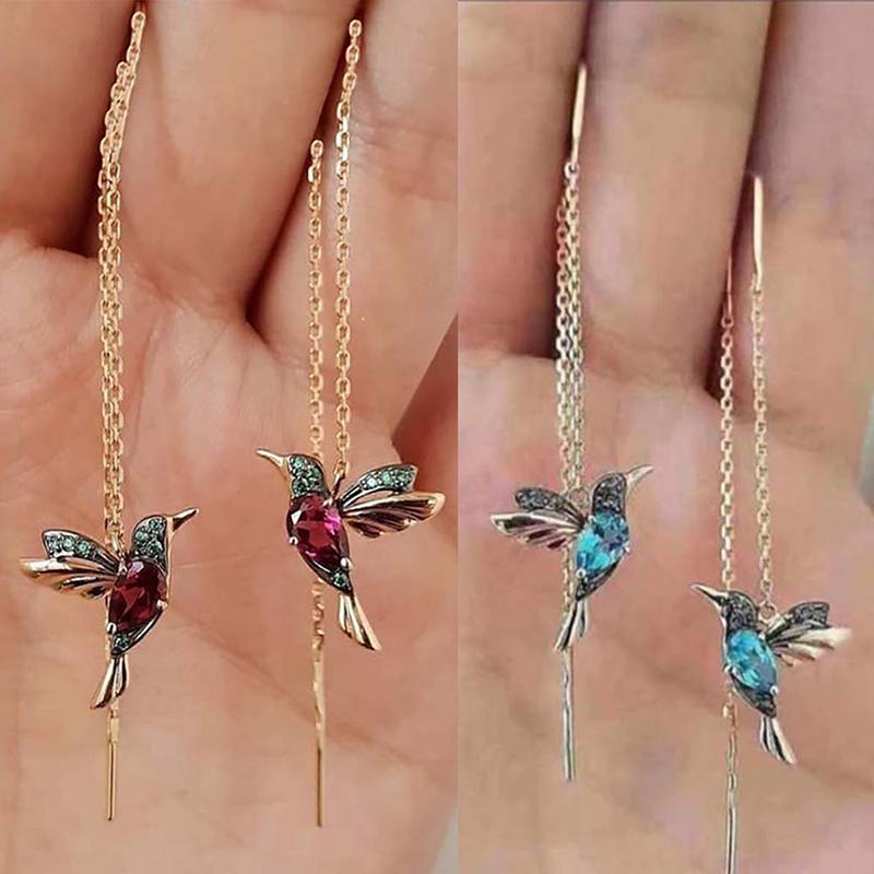 Hummingbird Long Drop Earrings Bird Pendant Tassel Crystal Pendant Earrings
