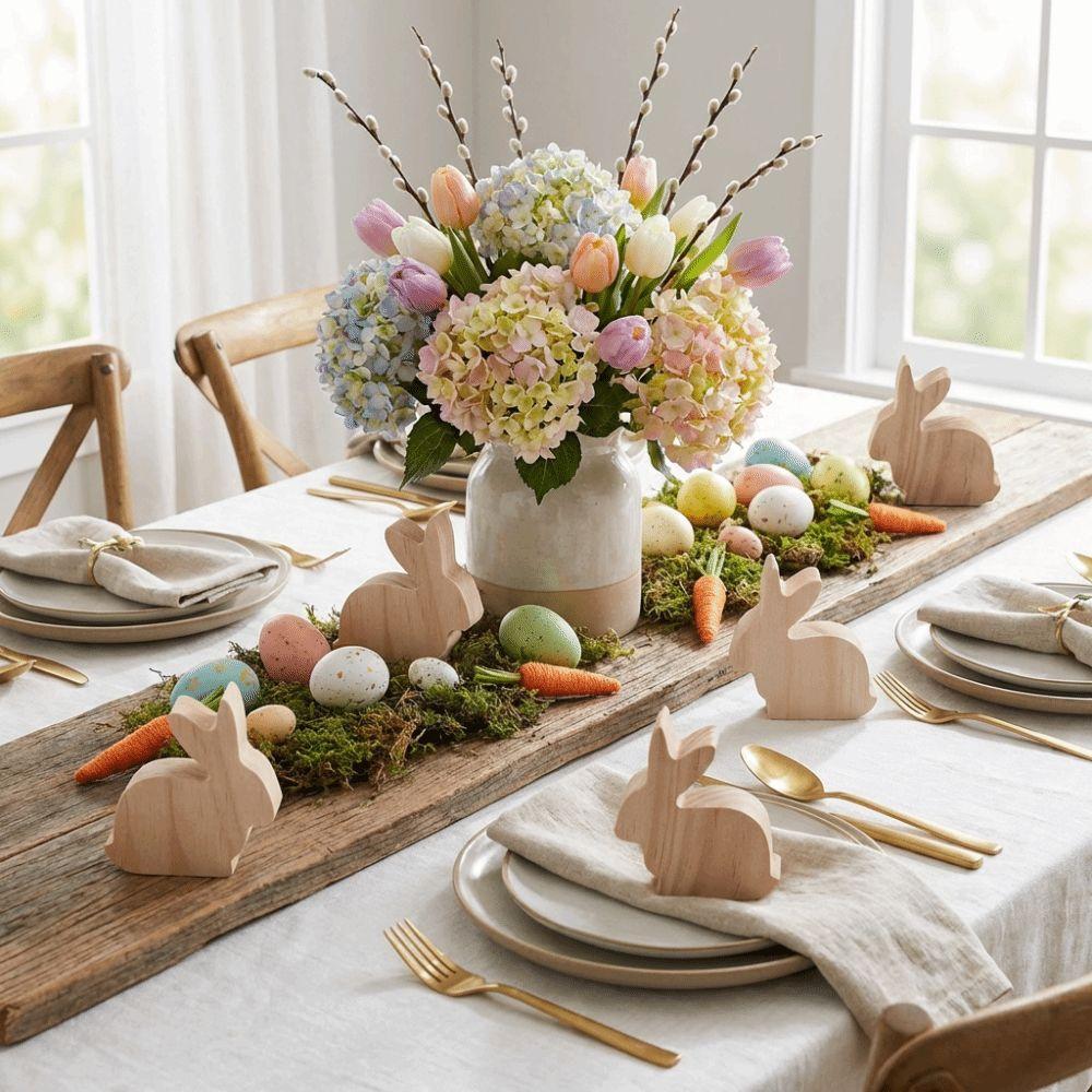 6Pcs Standing Easter Rabbit Ornaments Realistic Unfinished Small Rabbit Statues Handmade Handicraft Wooden Bunny Decorative
