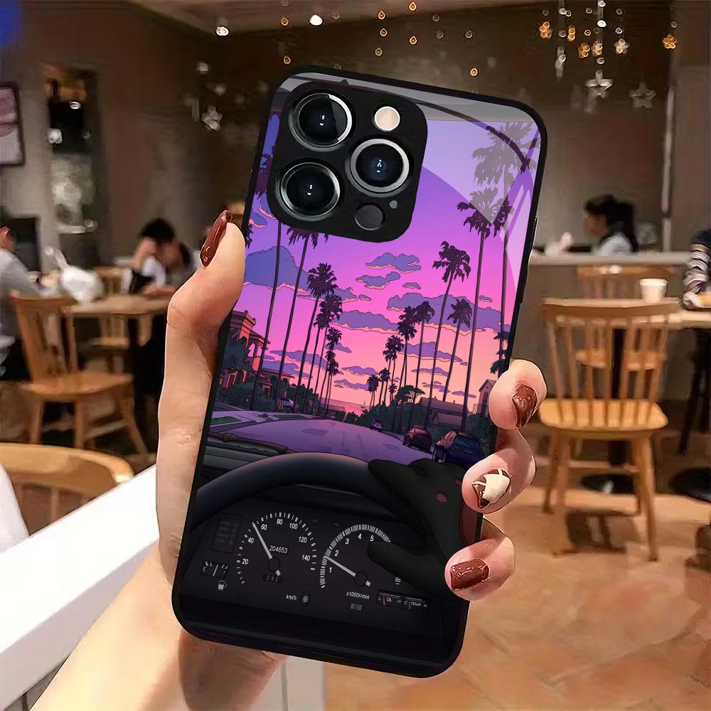 Highway sunset tempered glass phone case suitable for iPhone17 16 15 14 13 12 11Pro/Max/Plus anti drop and shockproof back cover