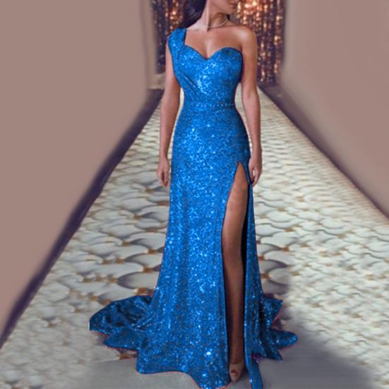 Club Party Women Sexy Plus Size Sequined One Shoulder Split Maxi Evening Dress
