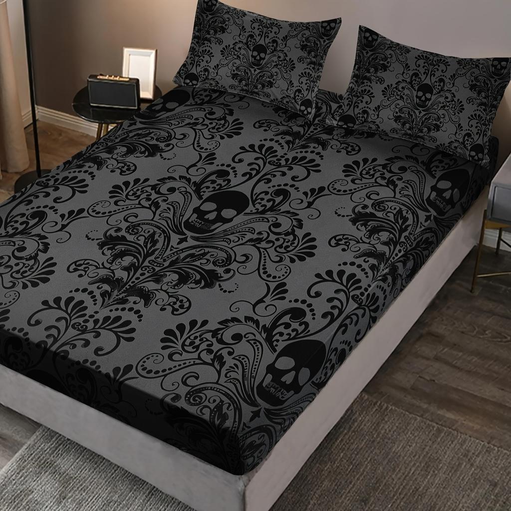 Skull Floral Design Bed Sheet Set 100% Polyester Digital Print Breathable All-Season Fitted Shee Pillowcase Machine Washable