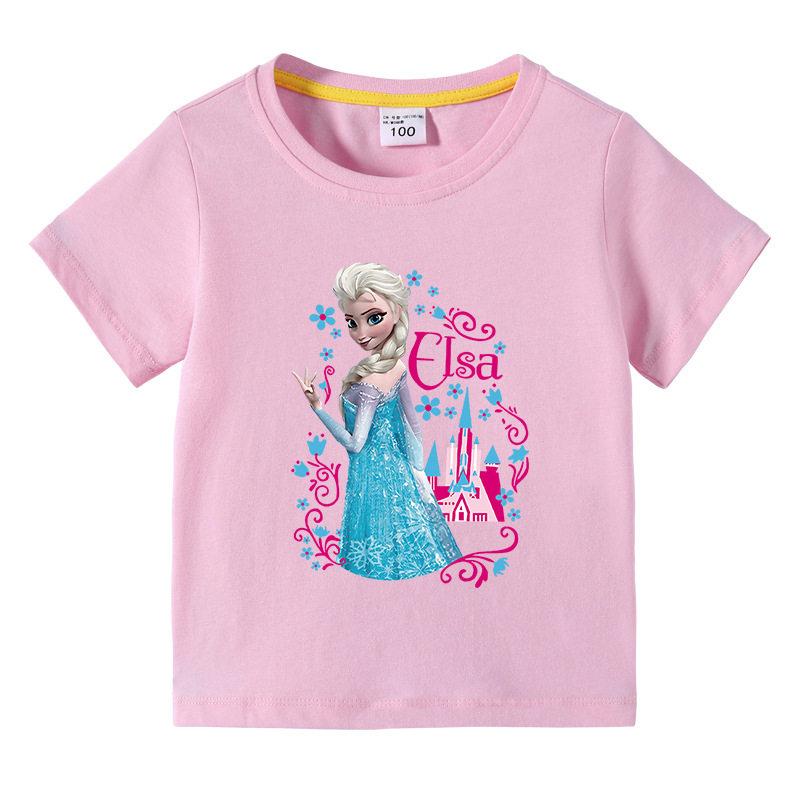 T-shirt Enfant Coton Pur Imprimé Dessin Animé La Reine des Neiges 2026 Tenue Parent-Enfant Coton Pur Multicolore Optionnel Manches Courtes
