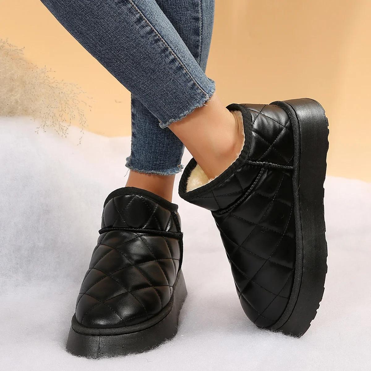 

Зимние ботинки на толстой подошве для женщин, новый стиль, флис и утолщенные, без застежек, кожаные ботинки из северо-восточного хлопка 40 чёрный