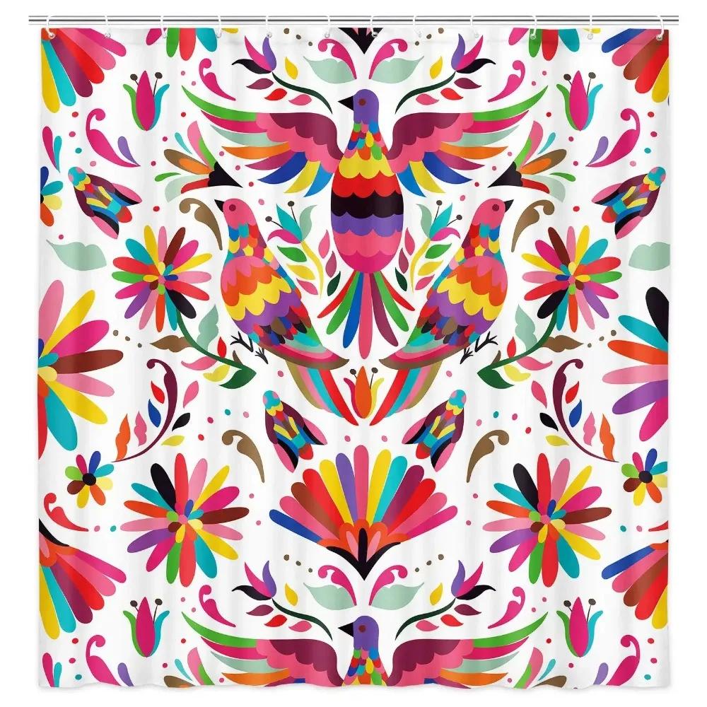 Mexican Floral Shower Curtain, Ethnic Art, Birds And Paisley, Flowers In White,Polyester, Waterproof, Bathroom Decor