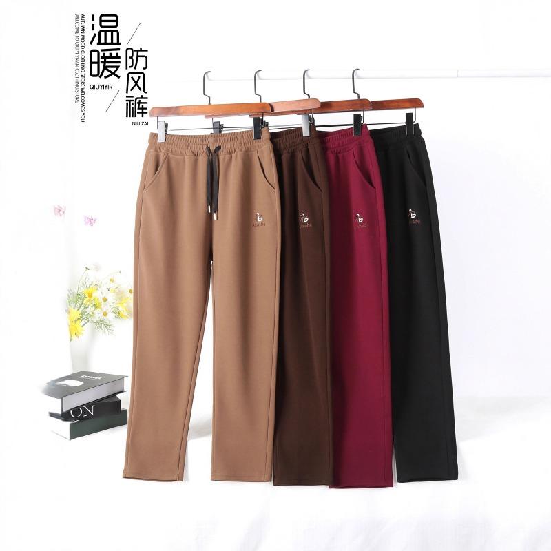 Winter velvet women's pants children's high waist casual embroidered trousers large size women's pants windproof pants black pants walking pants