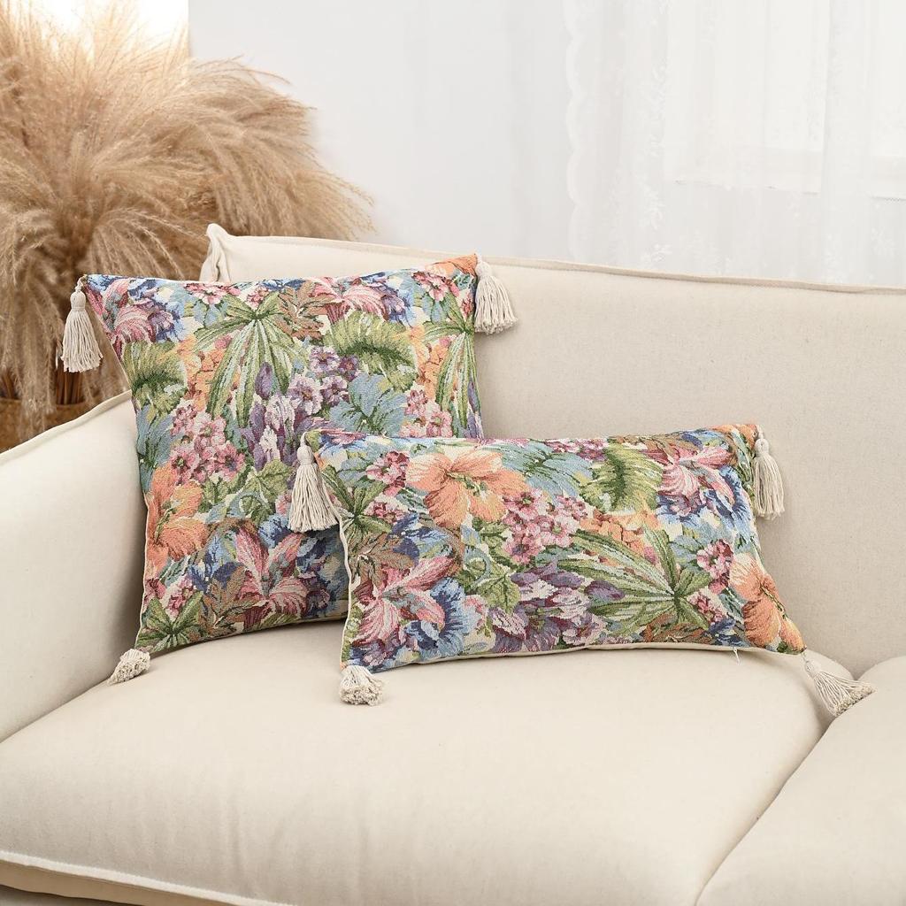 Retro European Style Cotton Linen Flower Cushion Pillowcase Living Room Sofa Backrest High Precision Jacquard Cushion Cover