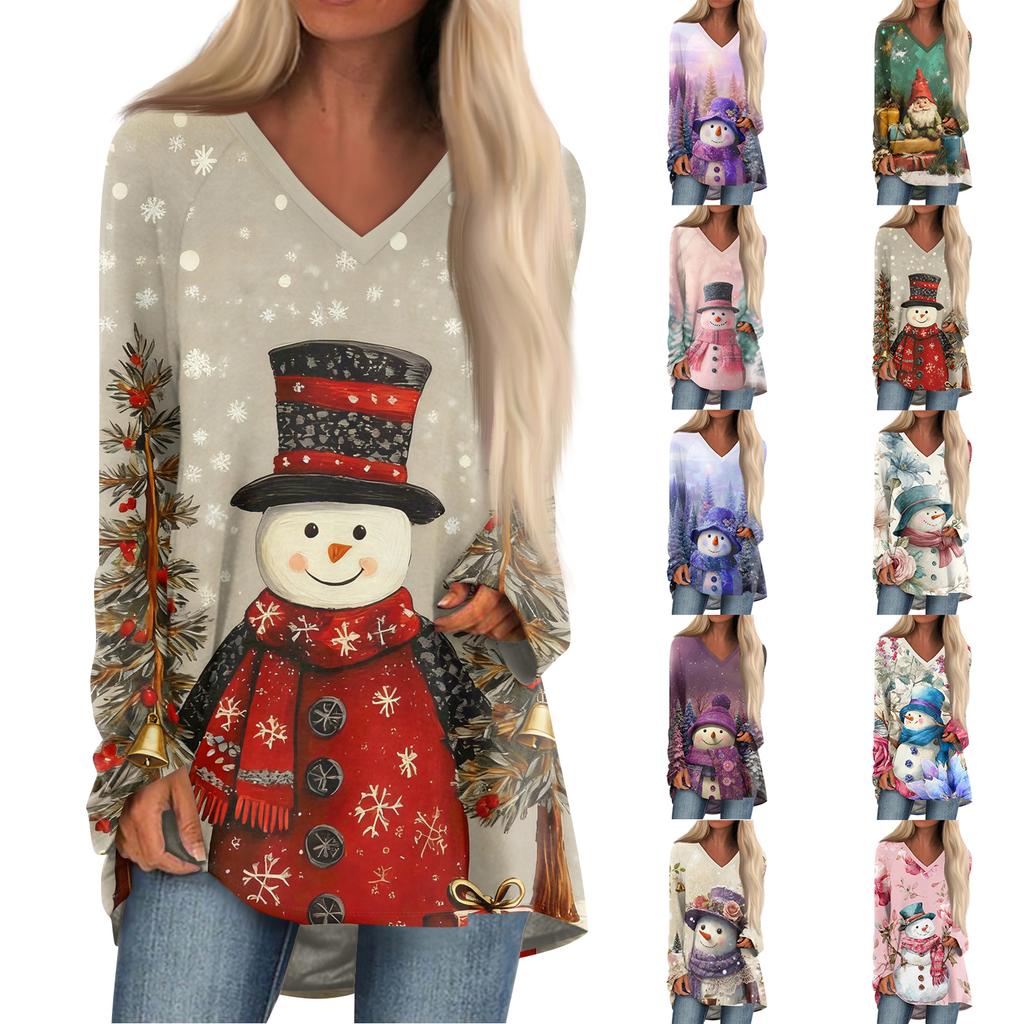 Ladies' Fashionable Casual Christmas Printed T-shirt Long Sleeved V-neck Mid Length Top