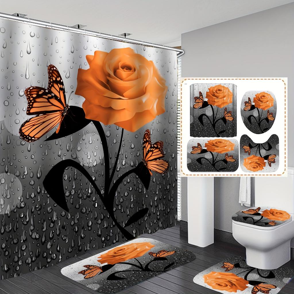4pcss Orange Raining Roses Butterfly Shower Curtain 4pcs Set, Waterproof Fabric Shower Curtain, Toilet Cover Mat, Shower Mat, 12 Hooks, 71*71 Inch