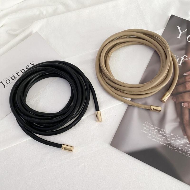 0.6cm Simple Round PU Leather Knotted Rope Waistband Thin Belt Women Decorative Waist Rope Skirt Coat Sweater Straps 160cm