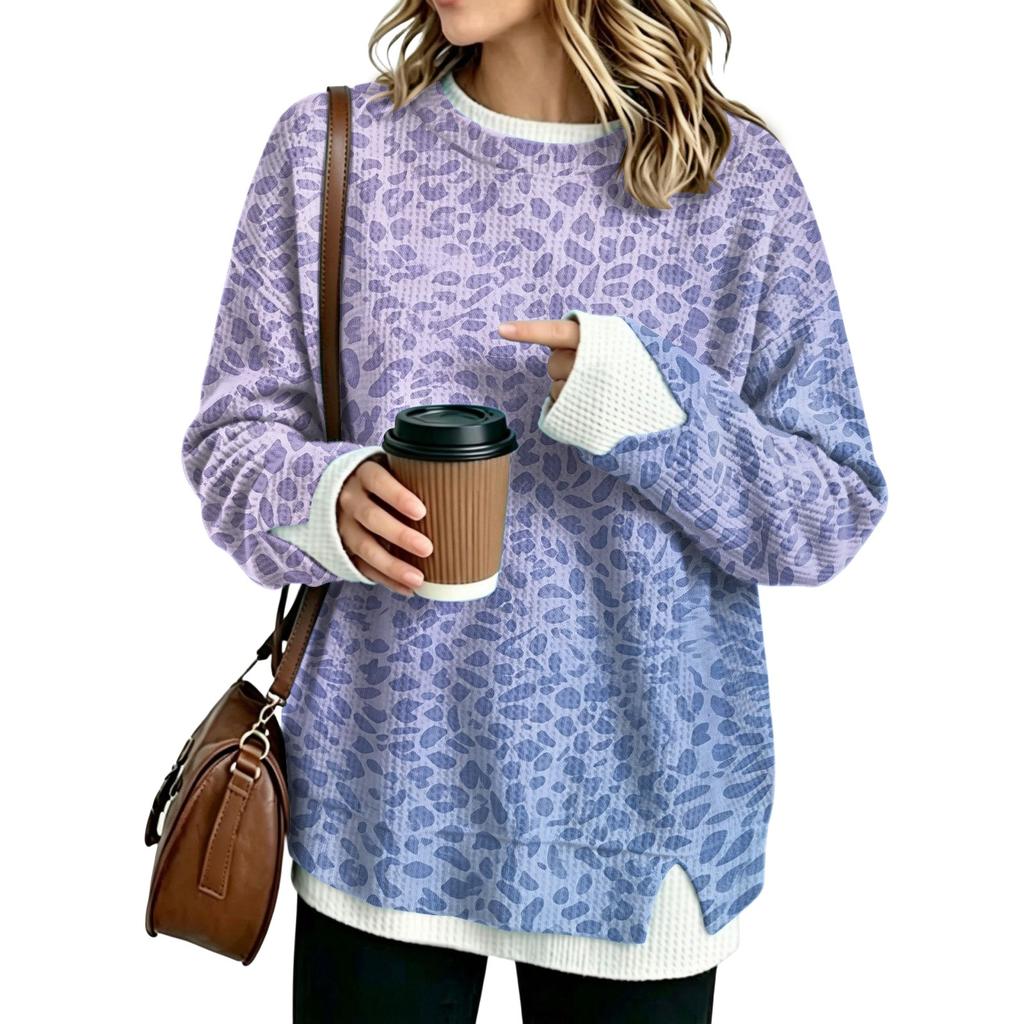 Women's Fashion Flannel Round Neck Two-Piece Leopard Print Top for Casual Everyday Wear