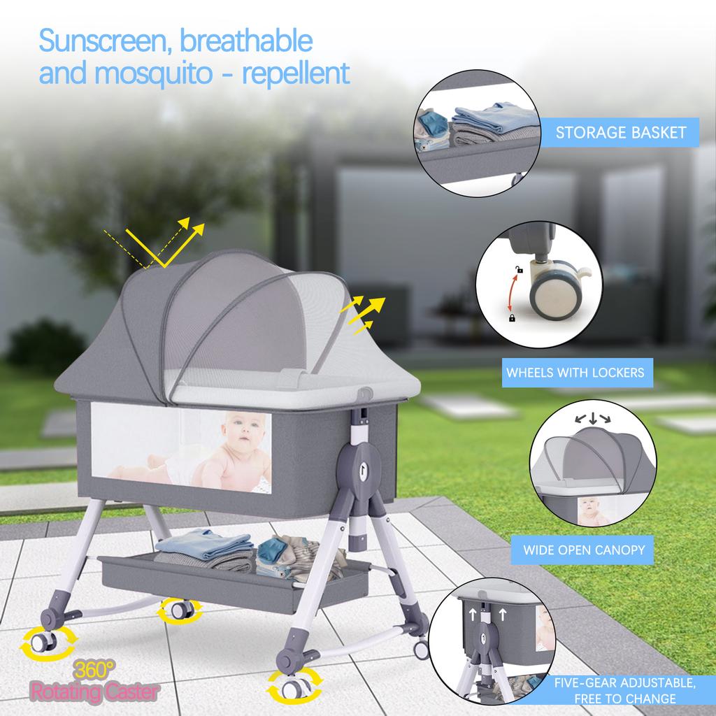 Bedside Bassinet for Baby Unisex Portable Travel Cribs with Wheels 3 in 1 Crib Foldable Height Adjustment Movable Bedside Swing