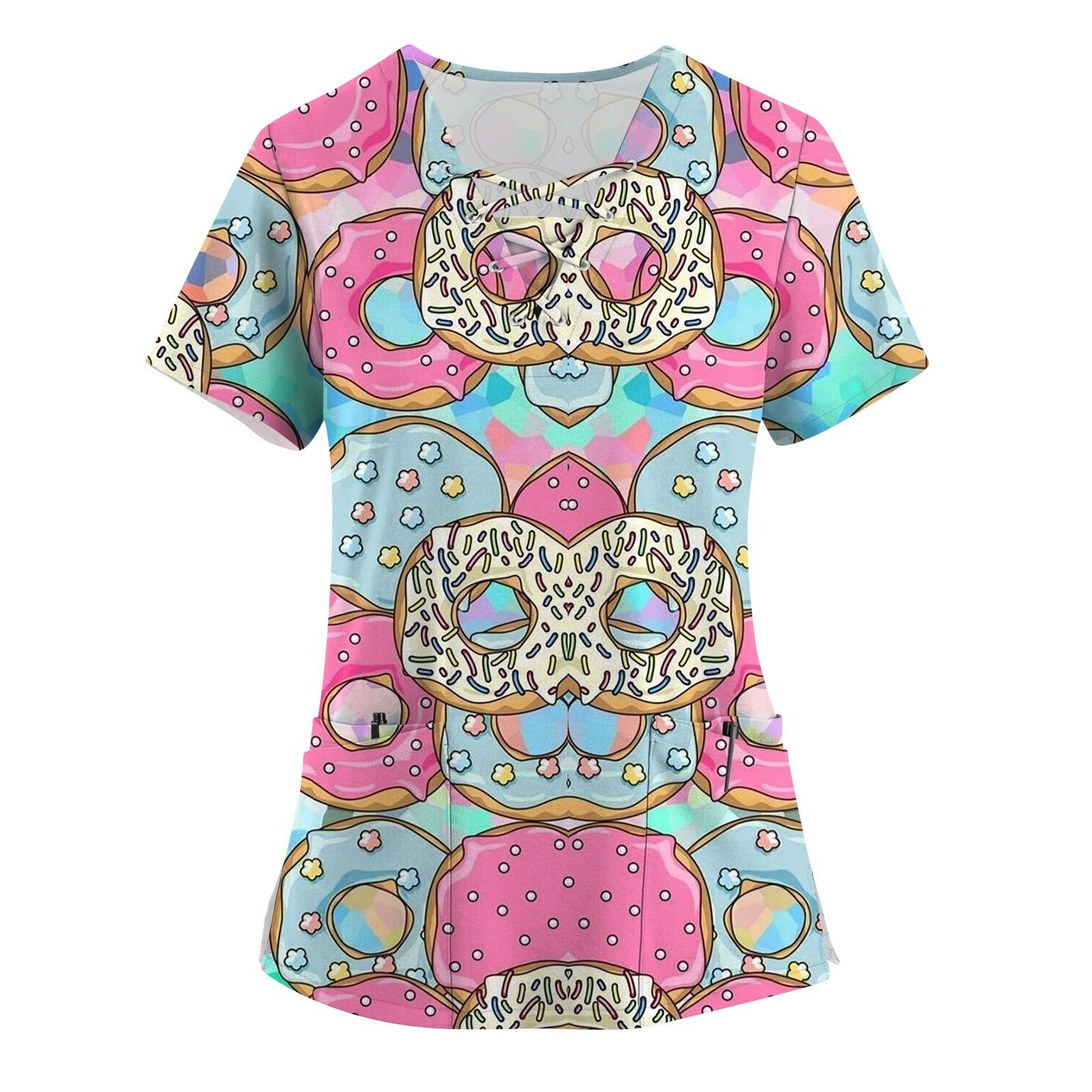 

Робоча уніформа з принтом великого розміру Топи для жінок Різдвяний принт із хрестовим V-подібним вирізом, короткими рукавами, веселі футболки, робочий одяг, футболки з кишенями XL