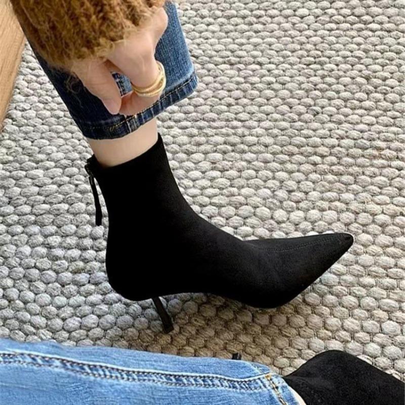 Cowhide version~ high-heeled short boots women's new spring and autumn single boots temperament pointed thin heel suede elastic thin boots