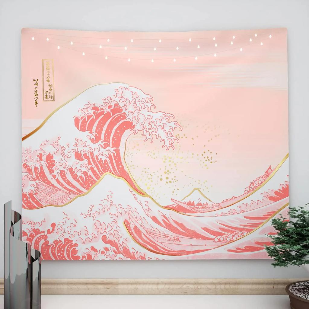 Große Meereswelle Wandteppich Asiatischer Anime Berg Rote Sonne Kirschblüte Wandteppich Zuhause Wohnzimmer Schlafzimmer Wand Moderne Kunst Wandteppiche
