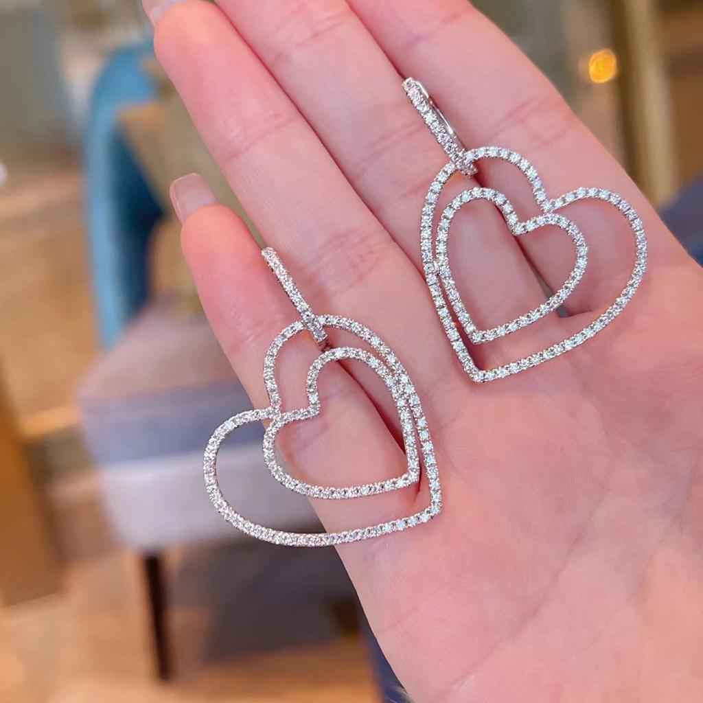Fashionable Women's Micro Paved Cubic Zircon Brass Huggie Hoop Earrings New Trend Double Heart Drop for Parties and Gifts