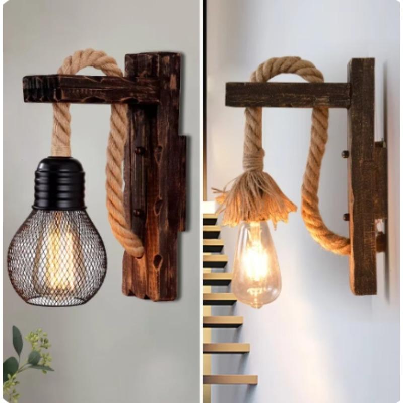 Vintage Wood Hemp Rope Wall Lamps Fixture Retro Hallway Bedside Loft Light Luminaire Industrial American Decor Lighting Wooden