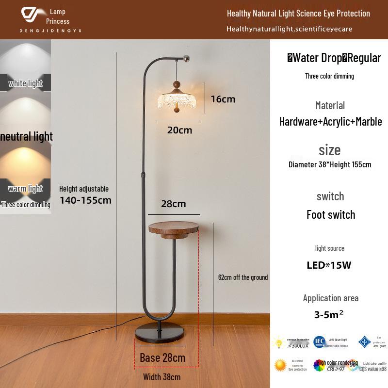 High-End Walnut Teardrop Floor Lamp with Side Table and Storage Rack
