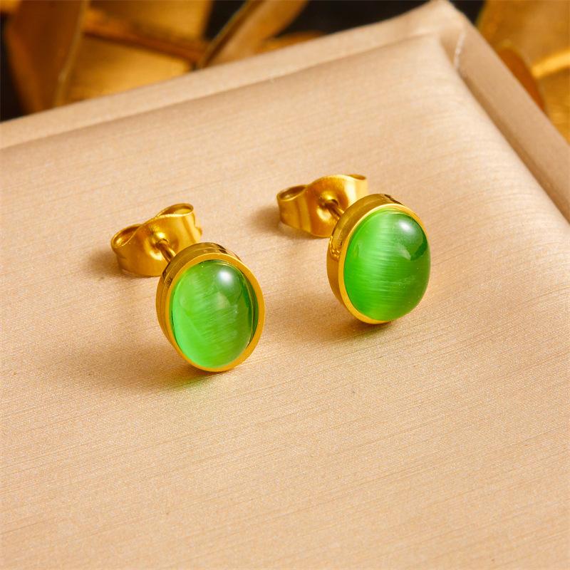 Gold Green Oval Stone Jewelry Set Necklace Bracelet Earrings for Women
