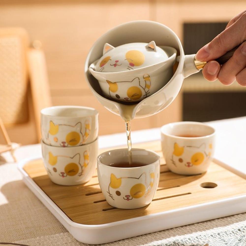 5/7pcs Ceramic Lucky Cat Teapot Set Japanese Style Bubble Tea Set Kung Fu Tea Pot Set  Office