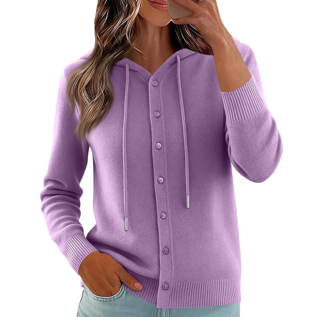 Women's Fashionable Solid Color Hooded Drawstring Long Sleeved Button Loose Base Sweater Knitted Sweater Top