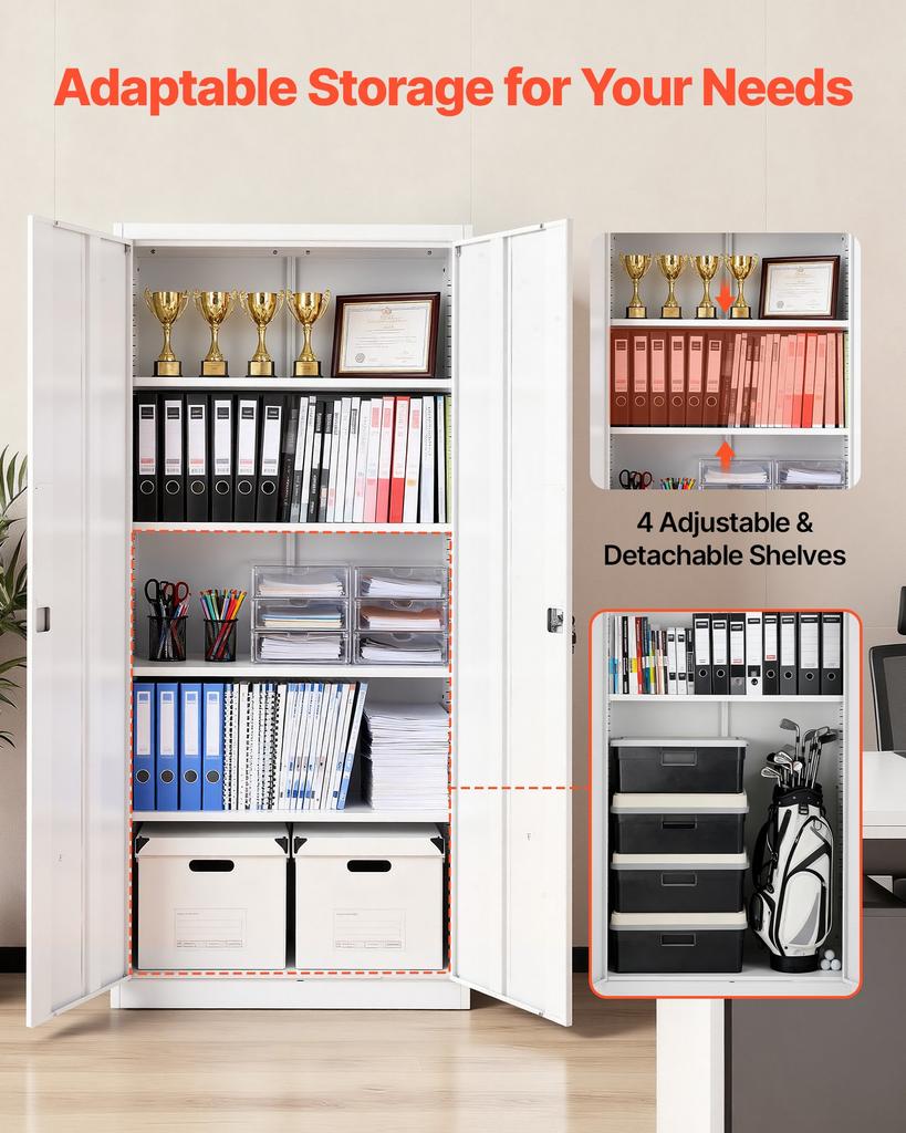 VEVOR Metal Storage Cabinet, 175 Cm Lockable Steel Garage Cabinet with 4 Adjustable Shelves, 2 Magnetic Doors, 2 Keys