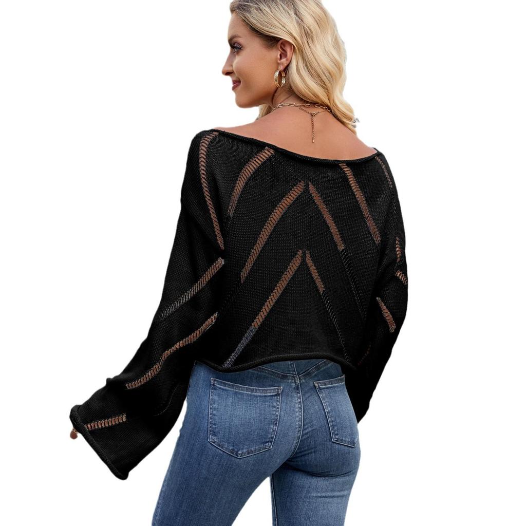 Women's Spring New Hollow-Out Loose Round Neck Long Sleeve Pullover Sweater