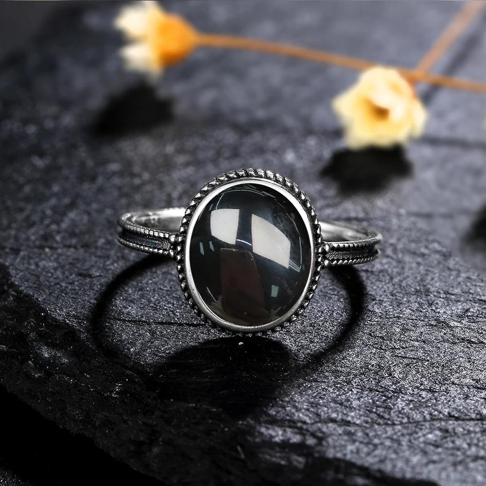 Vintage 925 Sterling Silver Black Onyx Ring Oval Shape Natural Stone Certified Fine Jewerly Retro Silver Rings for Women Men