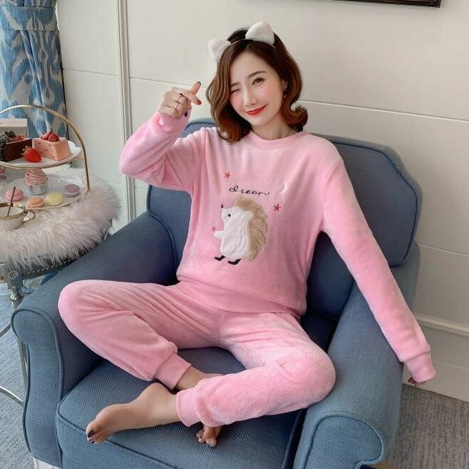 Flanel de iarnă, moale, caldă, pijamale pentru femei, cu gât rotund, cu mânecă lungă, set de două piese pentru femei, costum de pijama cu imprimare drăguț pentru femei