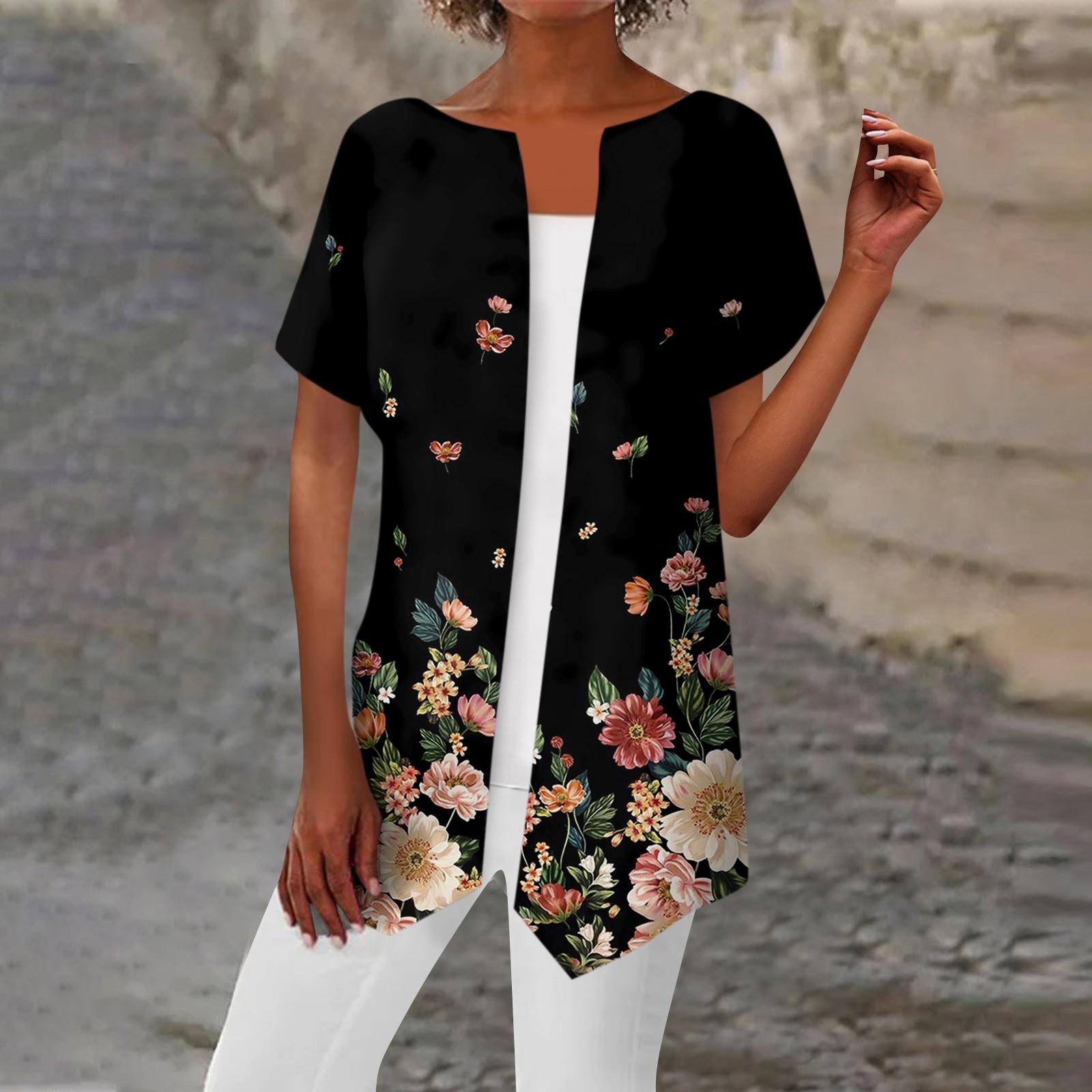 

Женская куртка с повседневным принтом и цветочным принтом, удобное модное пальто с короткими рукавами, кардиган XXXL чёрный