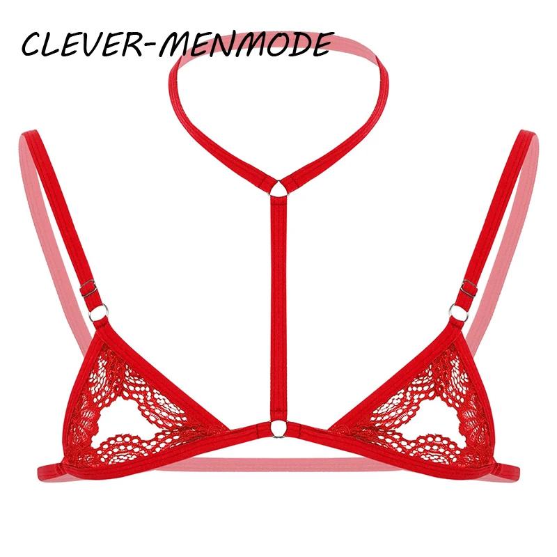 Sexy Mens Sheer Lace Lingerie Exotic Open Bras Gay Sissy Nightwear Halter Neck Adjustable Straps Wire-free Unlined Mini Bra Top