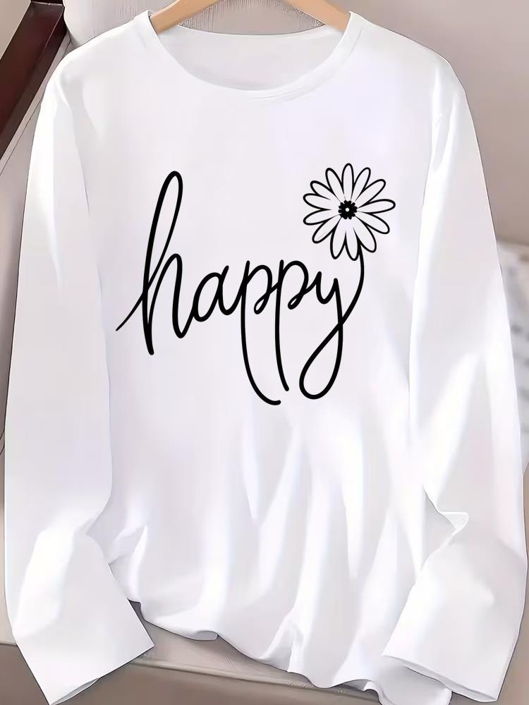 (Asian Size) Letter Cute Autumn Winter Spring Women Female Clothing Casual Tee Lady Printed O-neck Long Sleeve T Shirt  Fashion Top Graphic T-shirts