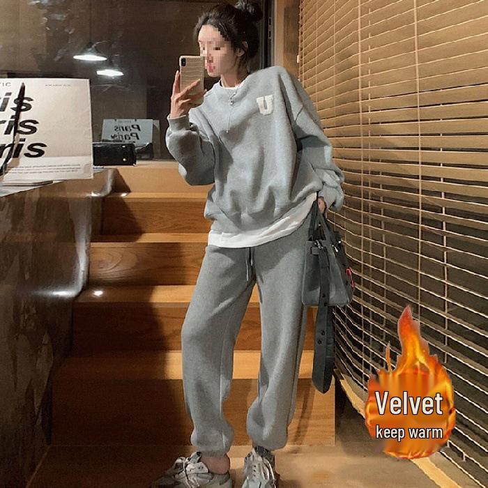 Damen Velours Casual Hoodie & Jogginghosen Set - Herbst/Winter Lockerer Stil