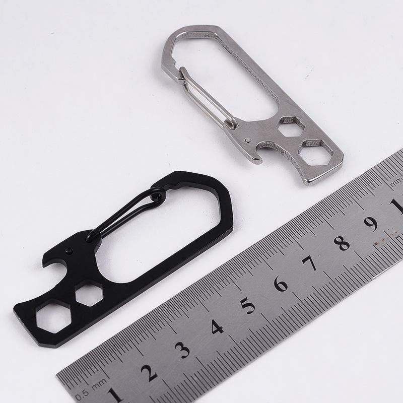 Stainless Steel Multi-Function Carabiner Keychain with Bottle Opener and Hex Wrench for Outdoor Camping.