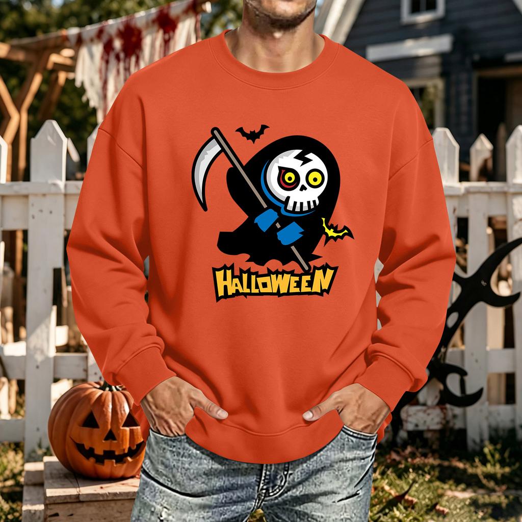 Men's Halloween Printed Long Sleeve T-Shirt Unisex Crewneck Casual Sports Top