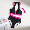 Bikini Sexy de Dos Piezas con Bloques de Color, Escote Halter y Cintura Alta Elegante Traje de Baño para Mujer