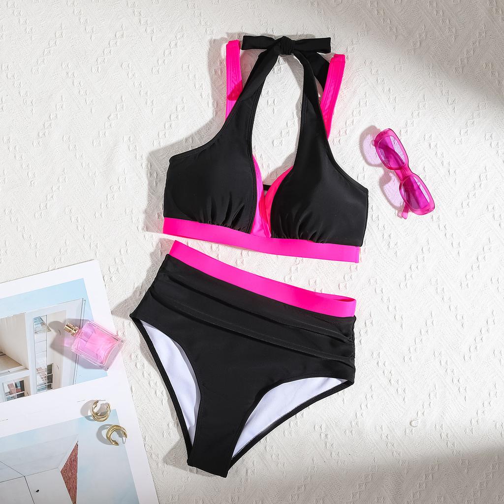 Bikini Sexy de Dos Piezas con Bloques de Color, Escote Halter y Cintura Alta Elegante Traje de Baño para Mujer